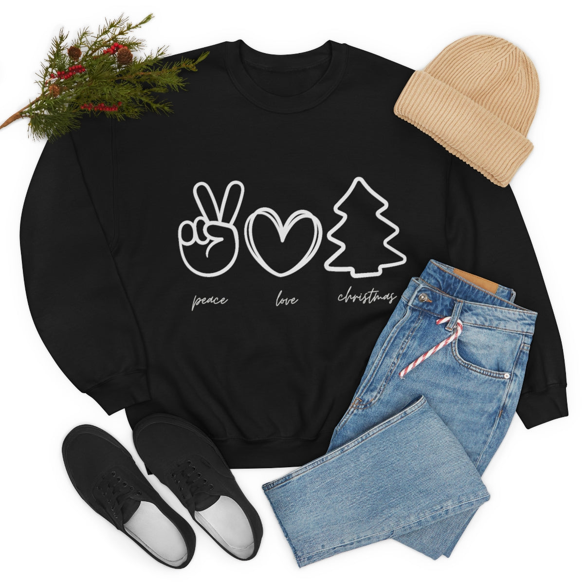 Peace Love Christmas Holiday Sweatshirt Available in Red, Green, Black and Grey Unisex sizes S-3XL