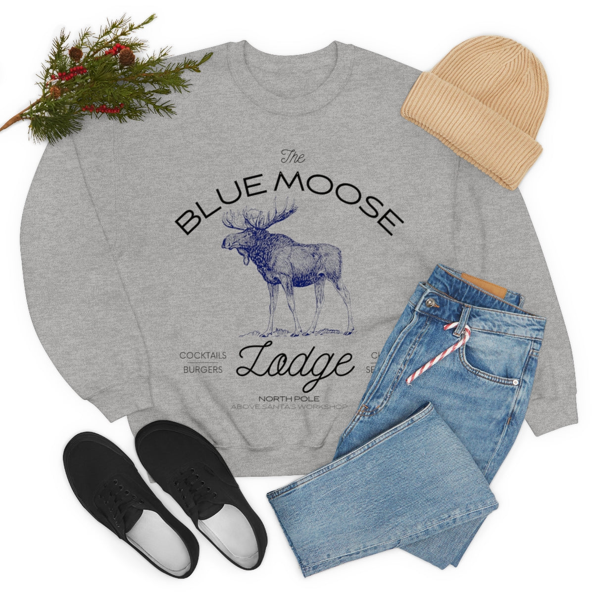 The Blue Moose Lodge Holiday Sweatshirt Available in Black, Grey and White Unisex sizes S-3XL