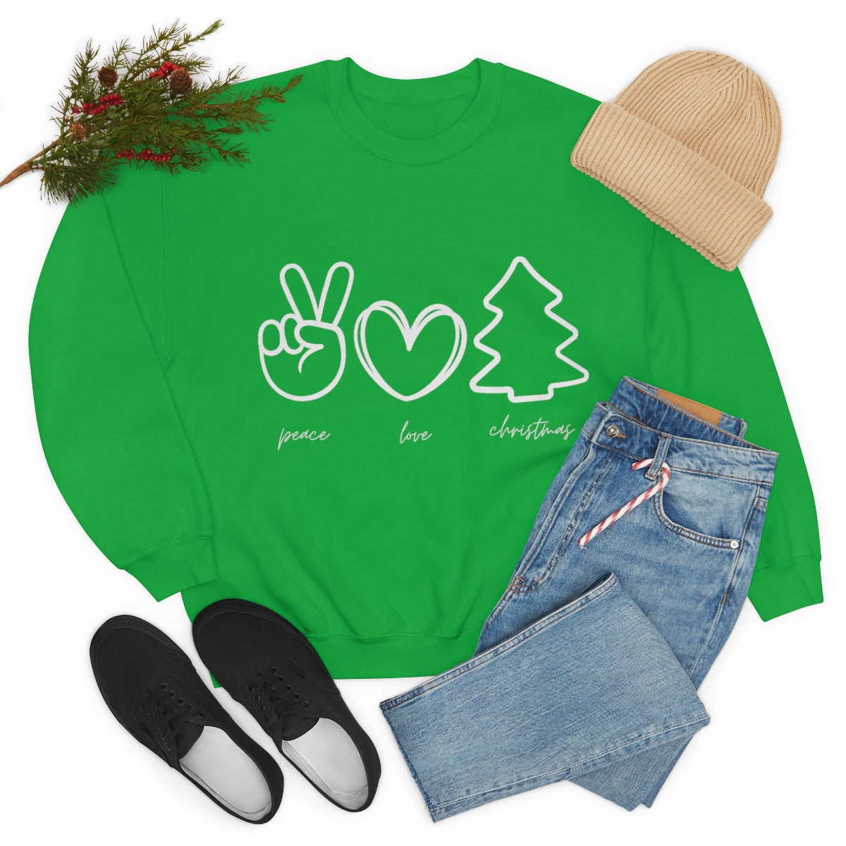 Peace Love Christmas Holiday Sweatshirt Available in Red, Green, Black and Grey Unisex sizes S-3XL