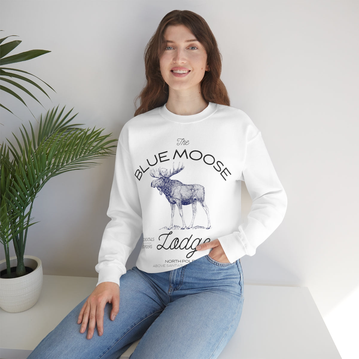 The Blue Moose Lodge Holiday Sweatshirt Available in Black, Grey and White Unisex sizes S-3XL