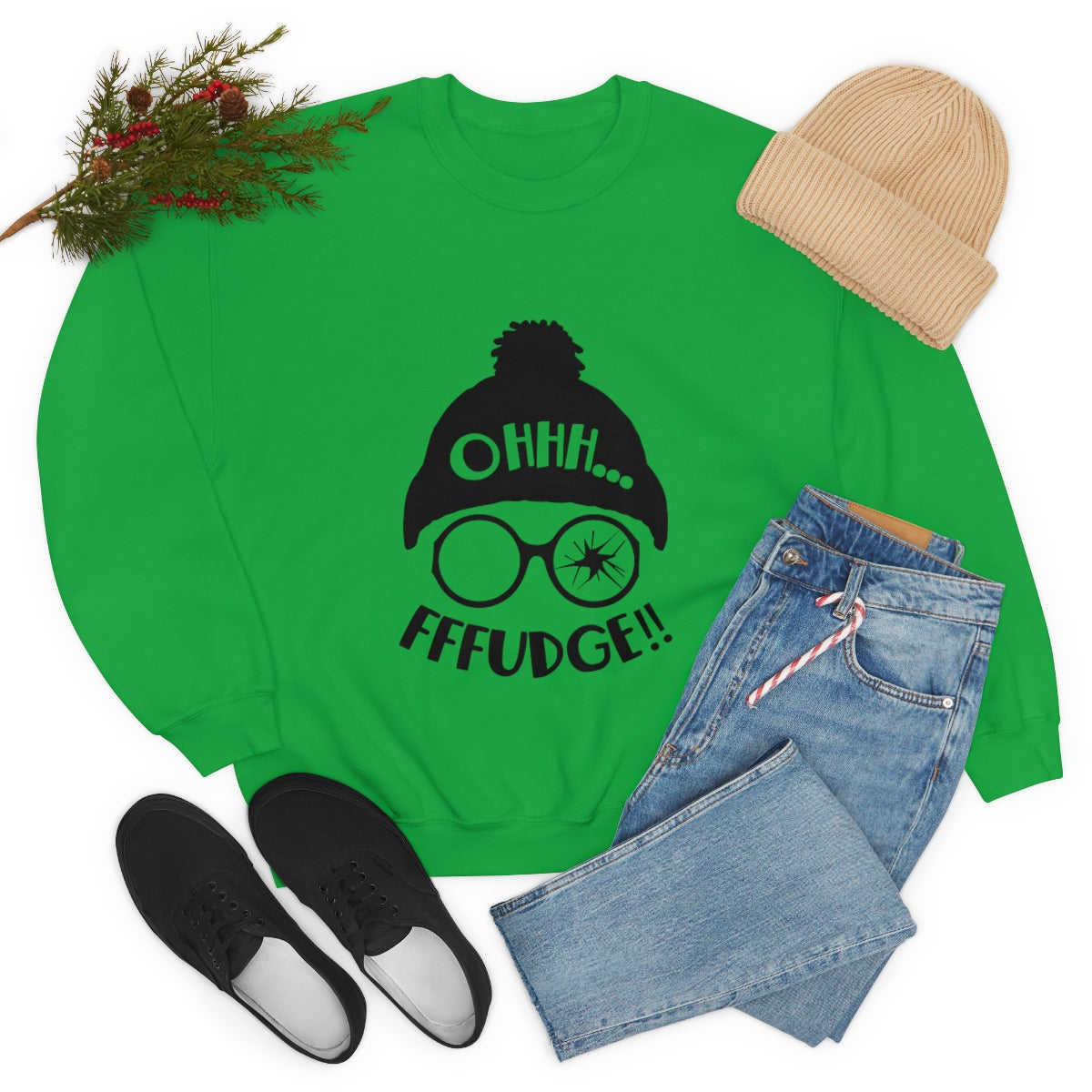 Christmas Sweatshirt, Oh Fudge! (front) You'll Shoot Your Eye Out (back) Unisex Heavy Blend™ Crewneck Sweatshirt, Avail in Red, Green, Grey and White Sizes S-3XL