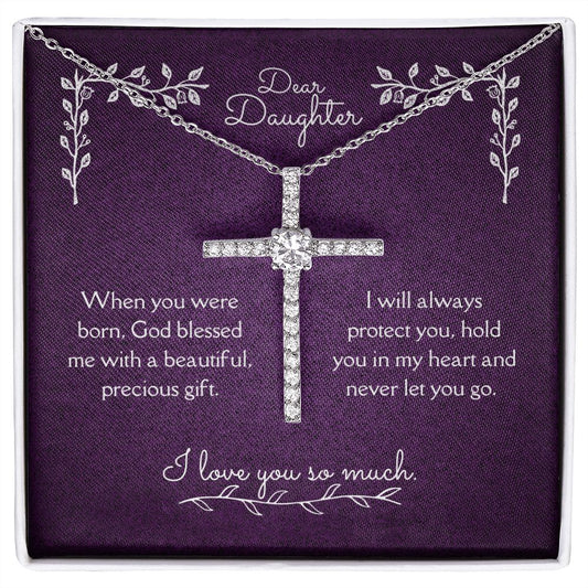 Dear Daughter Blessing From God CZ Cross Necklace 14k White Gold Dipped