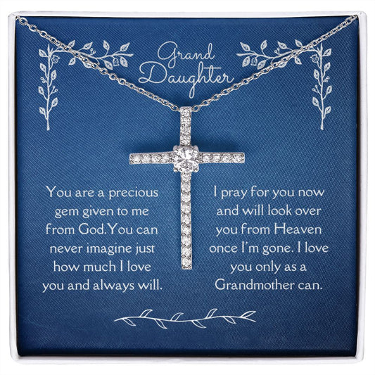 Grand Daughter Blessing From God CZ Cross Necklace 14k White Gold Dipped