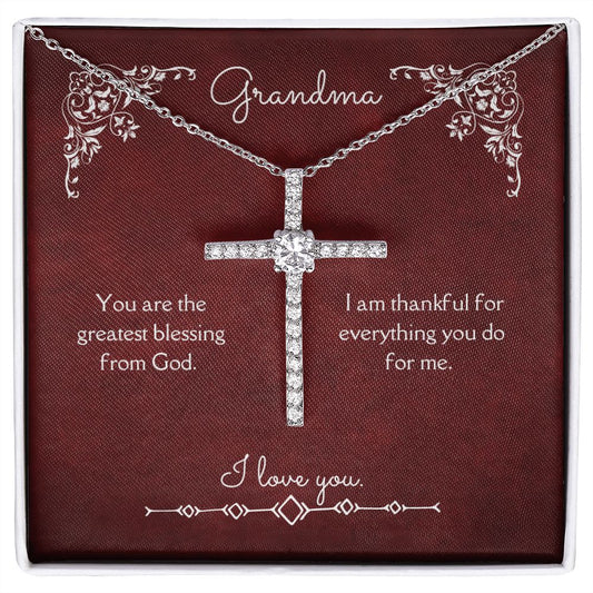 Grandma Blessing from God CZ Cross Necklace 14k White Gold Dipped