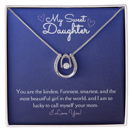 My Sweet Daughter Lucky to Love You Necklace White Gold Finish, blue card