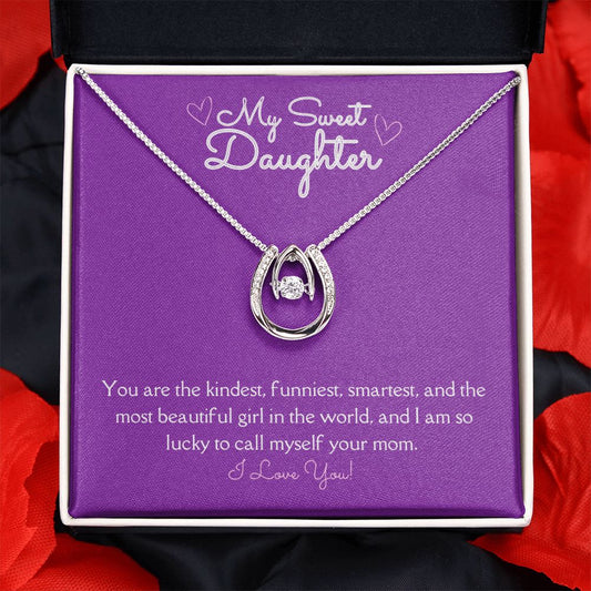 My Sweet Daughter Lucky to Love You Necklace White Gold Finish, purple card