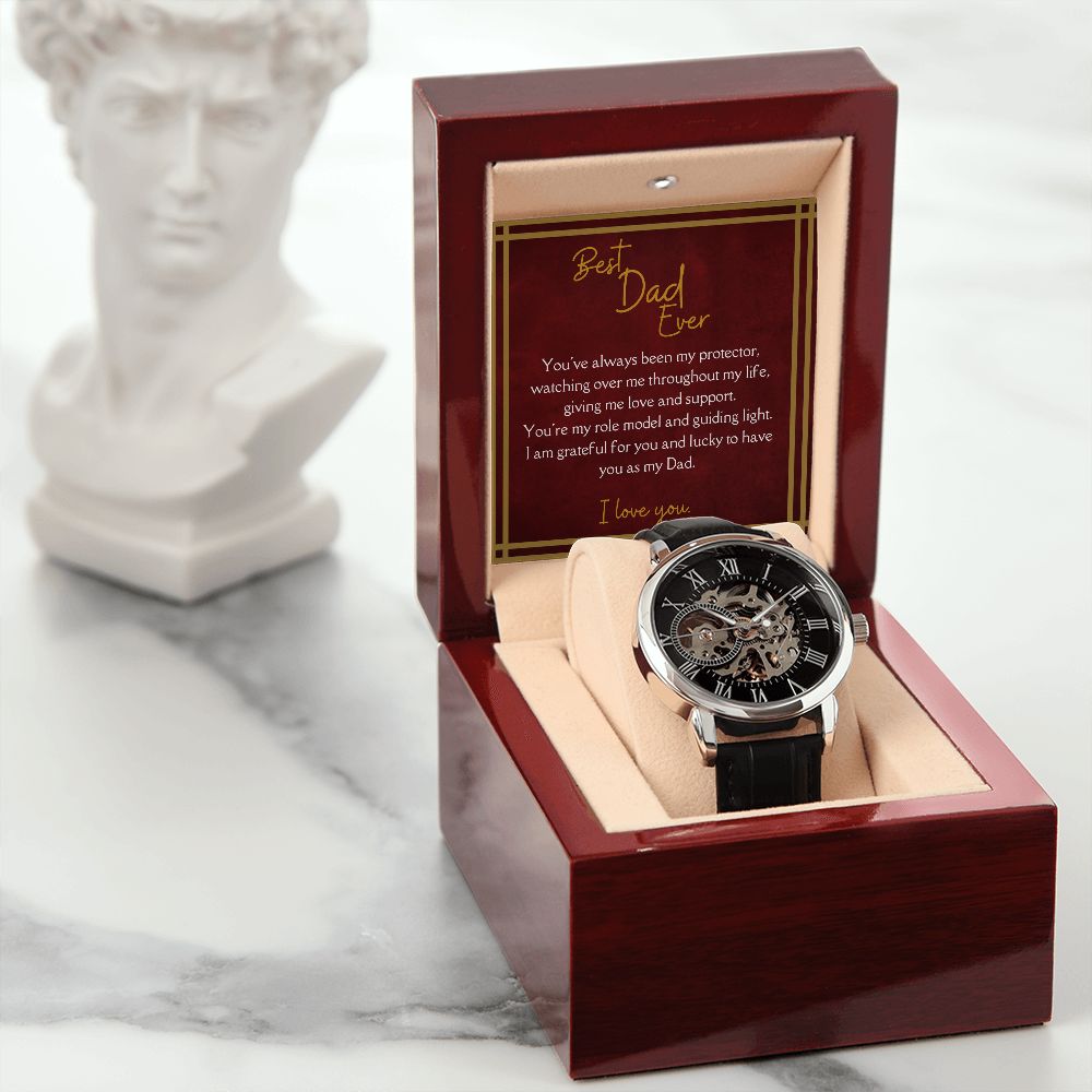 Luxury Men's Openwork Watch, Best Dad Ever Message, red card