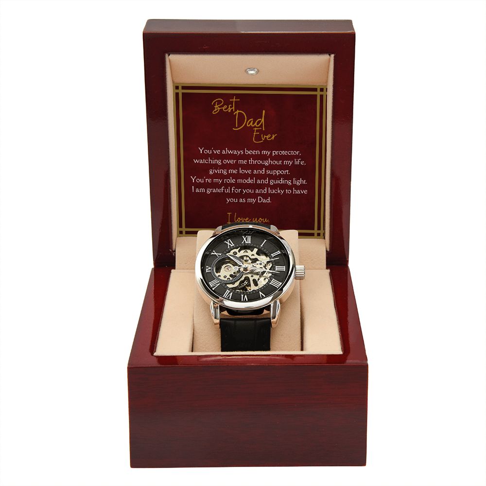 Luxury Men's Openwork Watch, Best Dad Ever Message, red card