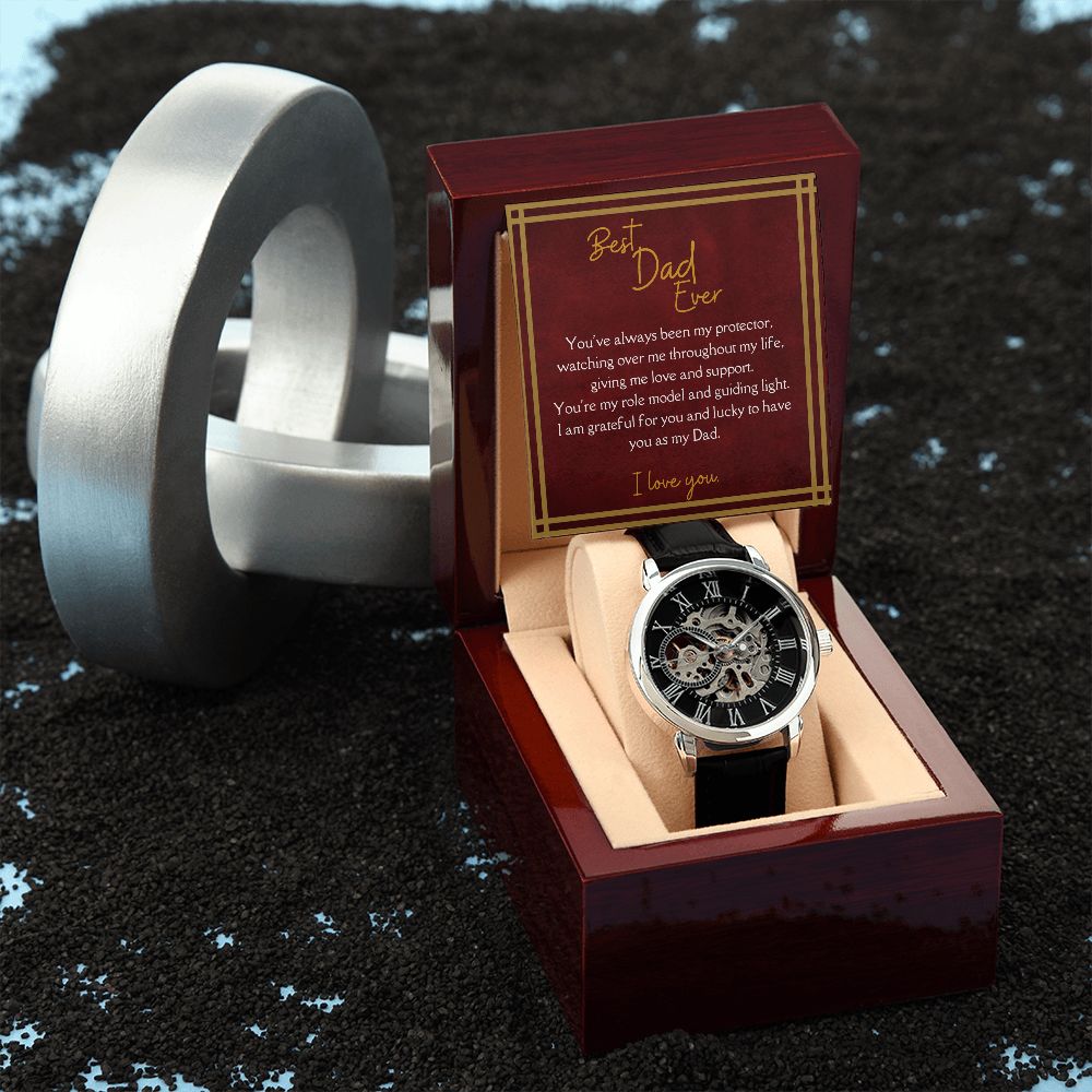 Luxury Men's Openwork Watch, Best Dad Ever Message, red card