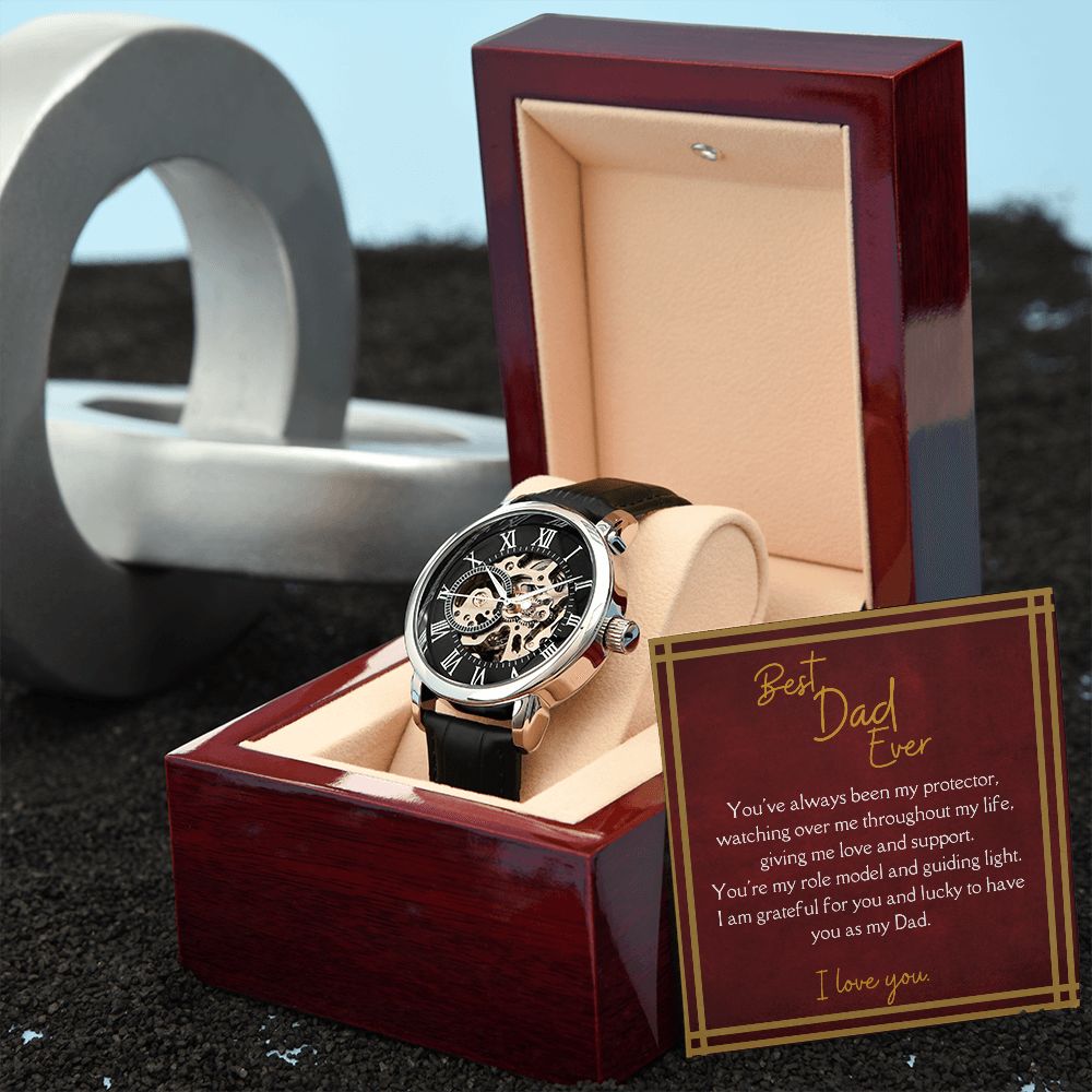 Luxury Men's Openwork Watch, Best Dad Ever Message, red card