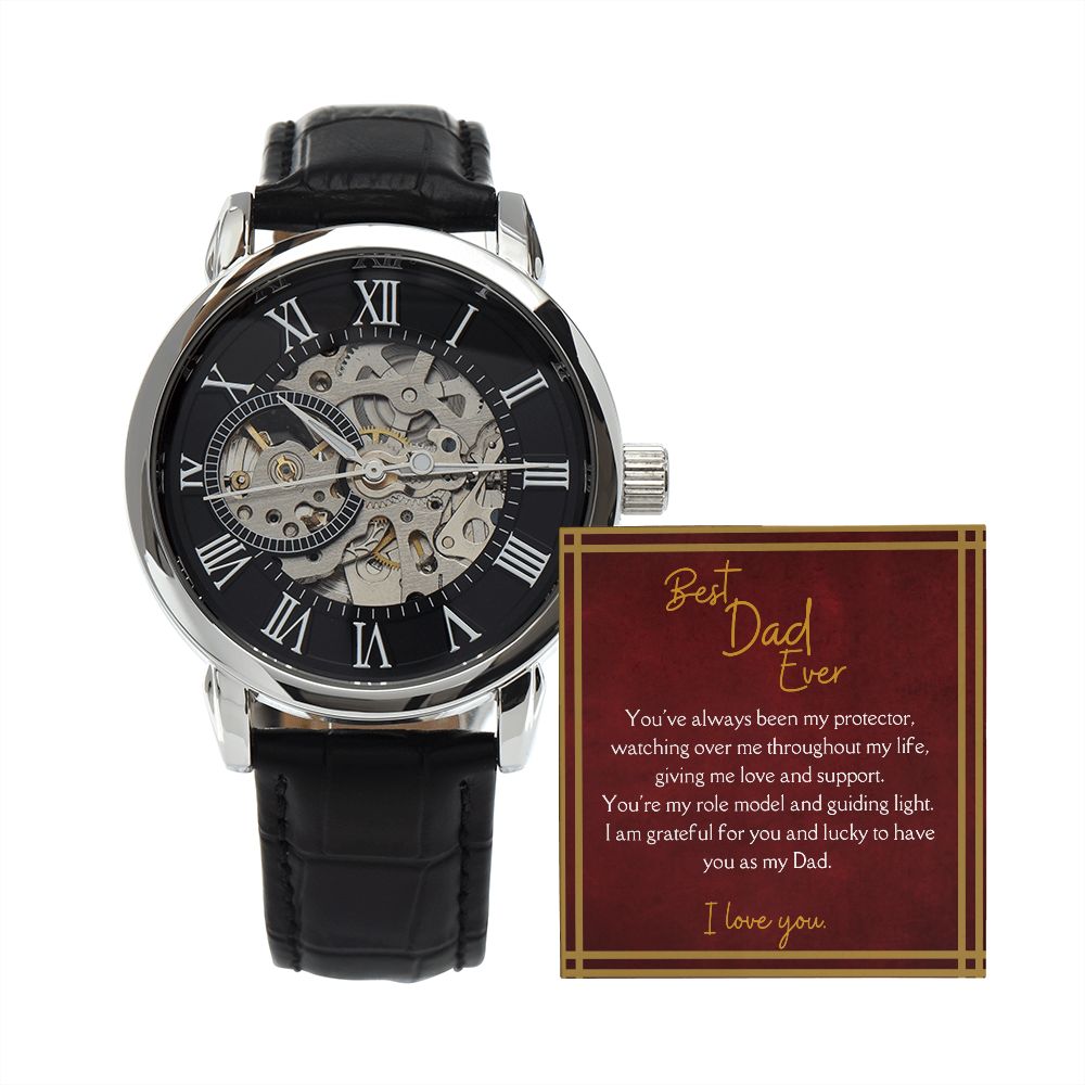 Luxury Men's Openwork Watch, Best Dad Ever Message, red card