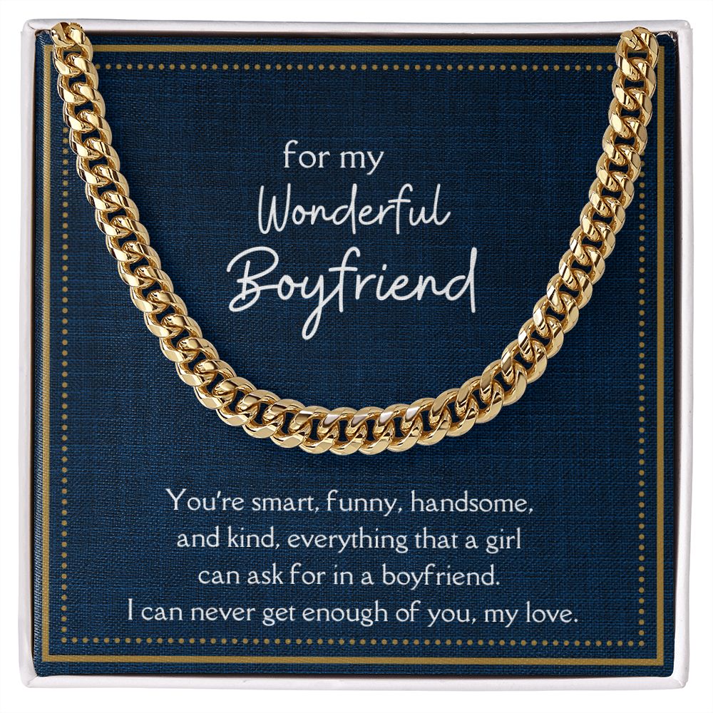 Wonderful Boyfriend Link Chain Necklace Available in Stainless Steel or 14kYellow Gold Finish, blue card