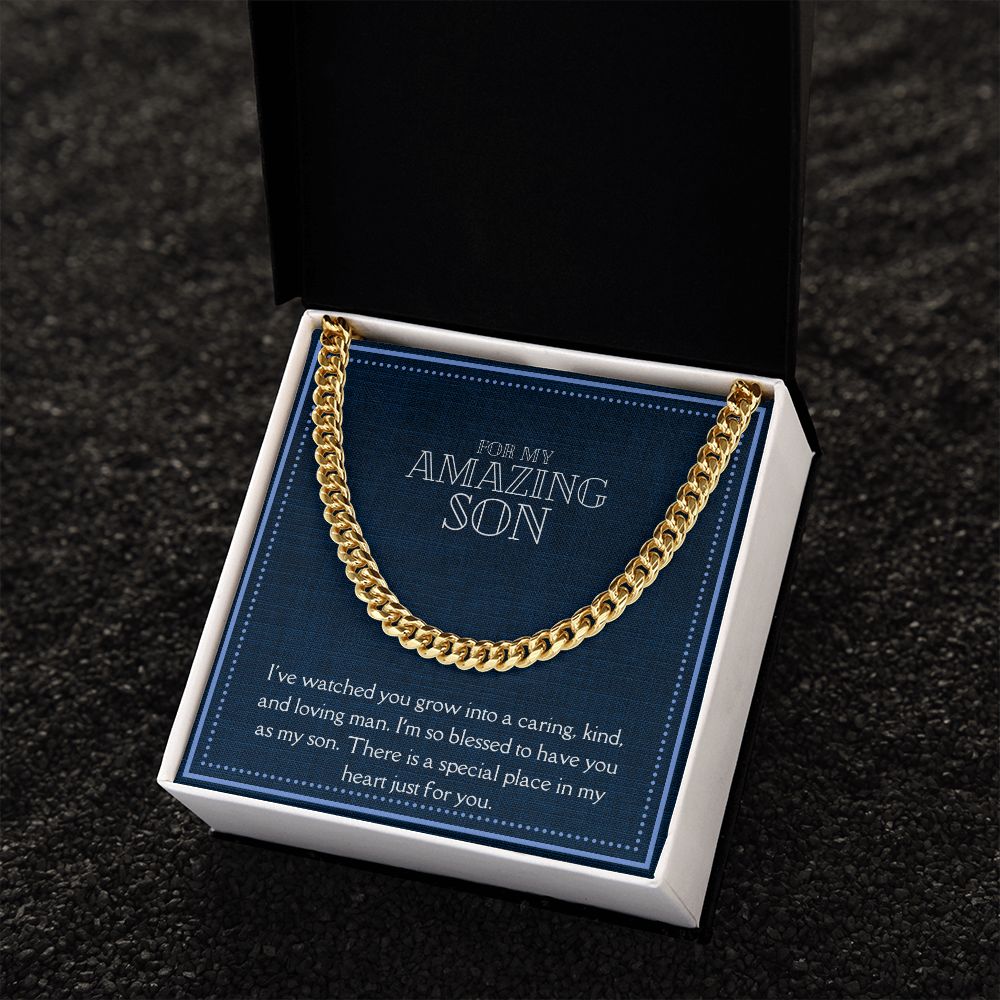 Amazing Son Men's Chain Link Necklace Available in Stainless Steel and 14k Yellow Gold Finish, denim blue card