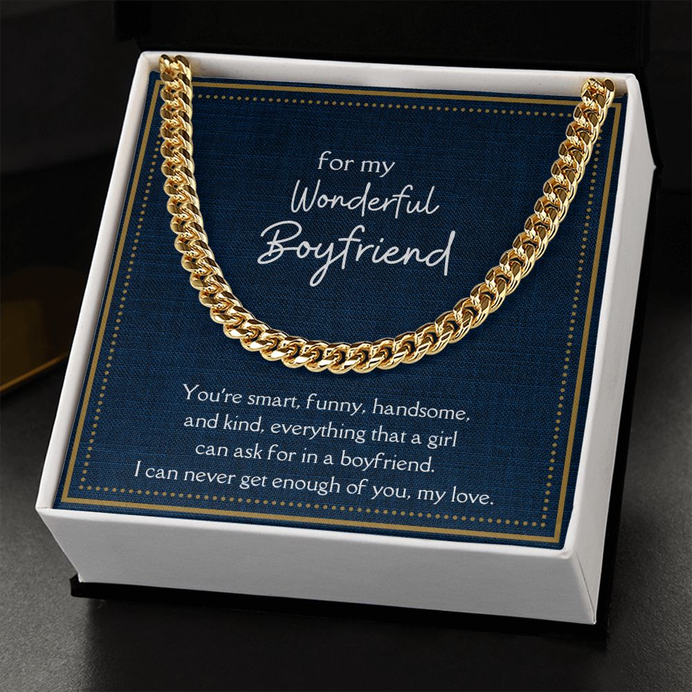 Wonderful Boyfriend Link Chain Necklace Available in Stainless Steel or 14kYellow Gold Finish, blue card