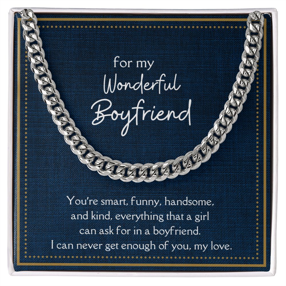 Wonderful Boyfriend Link Chain Necklace Available in Stainless Steel or 14kYellow Gold Finish, blue card