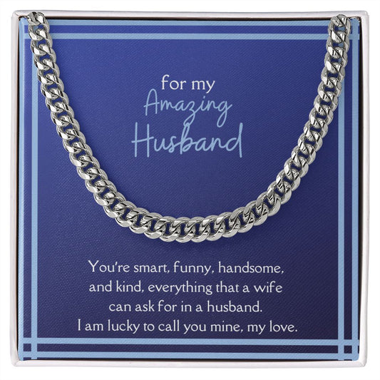 Amazing Husband Men's Chain Link Necklace Available in Stainless Steel and 14k Yellow Gold Finish, smart blue card