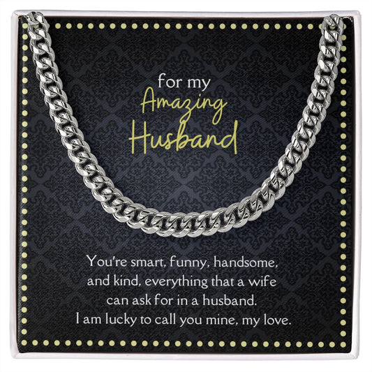 Amazing Husband Men's Chain Link Necklace Available in Stainless Steel and 14k Yellow Gold Finish, black yellow card