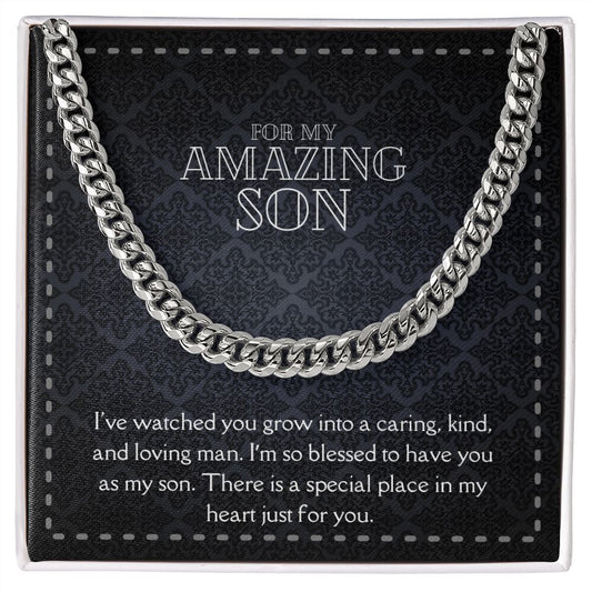 Amazing Son Men's Chain Link Necklace Available in Stainless Steel and 14k Yellow Gold Finish, black card