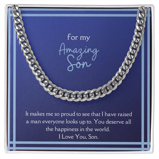 Amazing Son Men's Chain Link Necklace Available in Stainless Steel and 14k Yellow Gold Finish, blue card