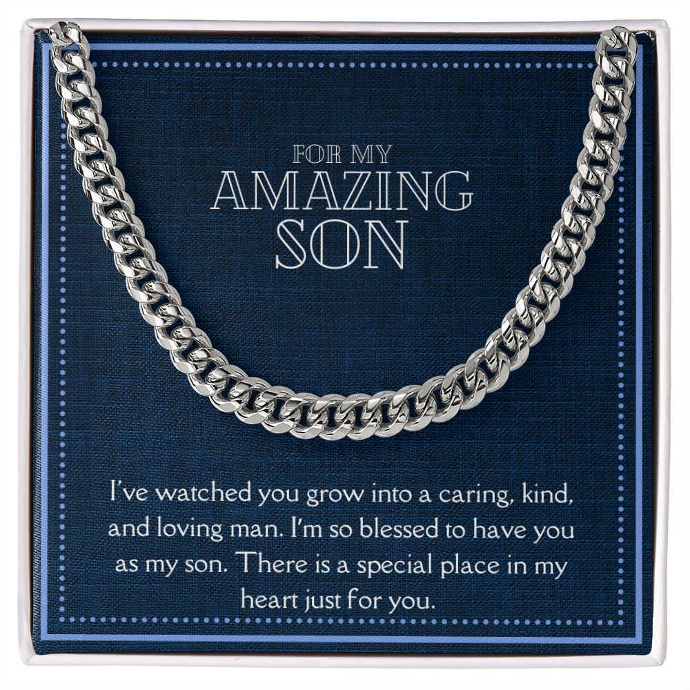 Amazing Son Men's Chain Link Necklace Available in Stainless Steel and 14k Yellow Gold Finish, denim blue card