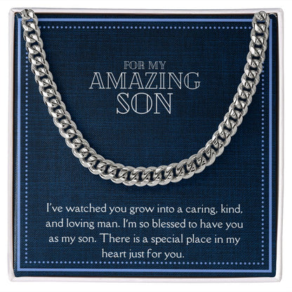 Amazing Son Men's Chain Link Necklace Available in Stainless Steel and 14k Yellow Gold Finish, denim blue card