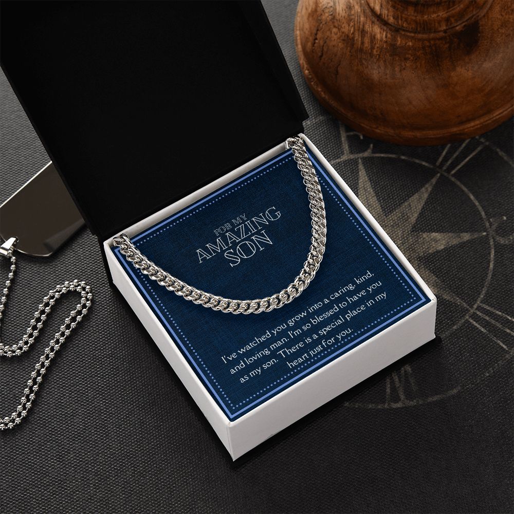 Amazing Son Men's Chain Link Necklace Available in Stainless Steel and 14k Yellow Gold Finish, denim blue card