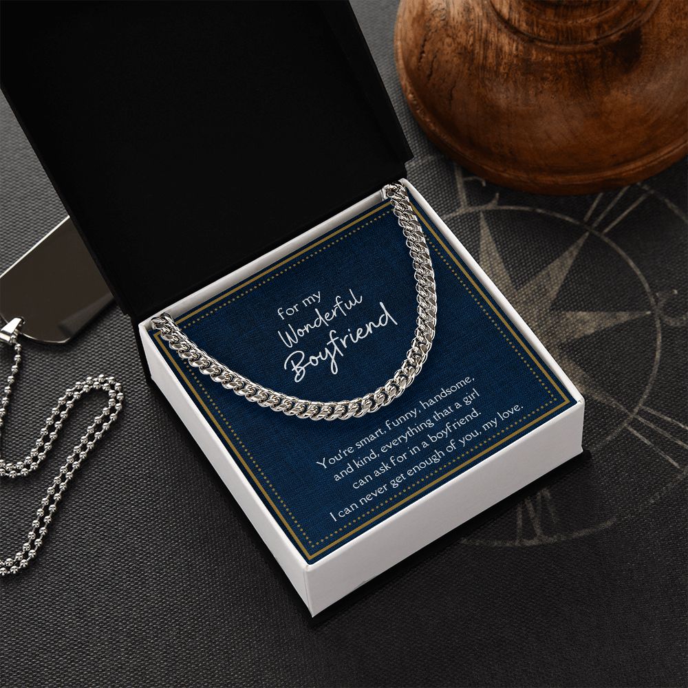Wonderful Boyfriend Link Chain Necklace Available in Stainless Steel or 14kYellow Gold Finish, blue card