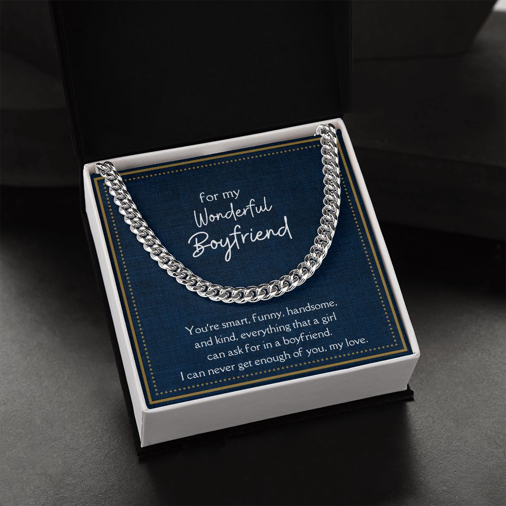 Wonderful Boyfriend Link Chain Necklace Available in Stainless Steel or 14kYellow Gold Finish, blue card