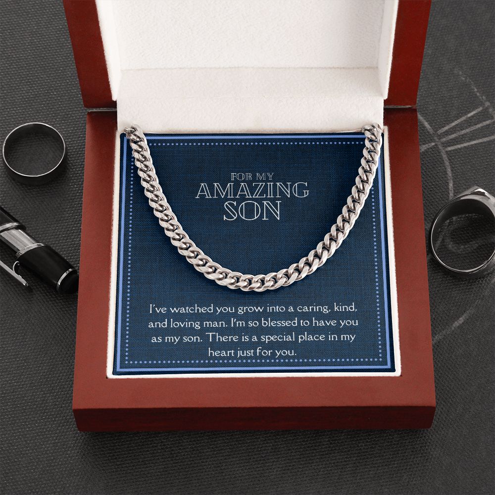 Amazing Son Men's Chain Link Necklace Available in Stainless Steel and 14k Yellow Gold Finish, denim blue card