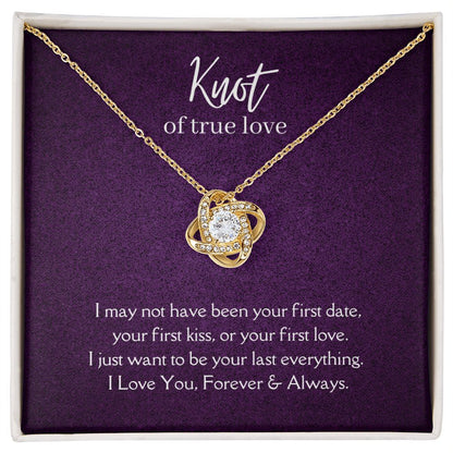 True Love Knot Necklace 14k White or 18k Yellow Gold over Stainless Steel with CZ stone, purple card