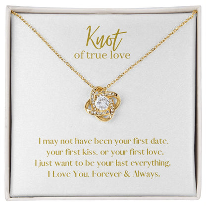 True Love Knot Necklace 14k White or 18k Yellow Gold over Stainless Steel with CZ stone, white card