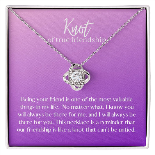 Friendship Knot Necklace Available in Yellow or White Gold (purple message card)