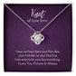 True Love Knot Necklace 14k White or 18k Yellow Gold over Stainless Steel with CZ stone, purple card