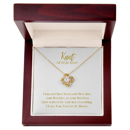 True Love Knot Necklace 14k White or 18k Yellow Gold over Stainless Steel with CZ stone, white card