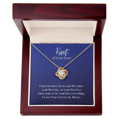 True Love Knot Necklace 14k White or 18k Yellow Gold over Stainless Steel with CZ stone, blue card
