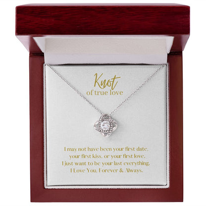 True Love Knot Necklace 14k White or 18k Yellow Gold over Stainless Steel with CZ stone, white card