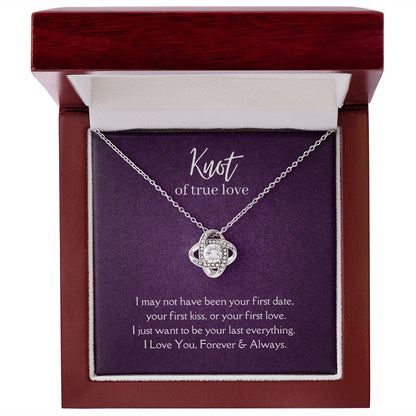 True Love Knot Necklace 14k White or 18k Yellow Gold over Stainless Steel with CZ stone, purple card