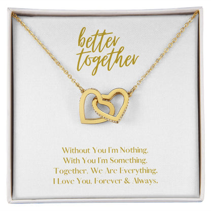 Better Together Locked in Love Hearts Necklace Available in Steel & Rose Gold or 18k Yellow Gold finishes, white card