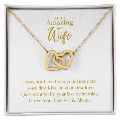 Amazing Wife Locked in Love Hearts Necklace Available in Steel & Rose Gold or 18k Yellow Gold finishes, white card