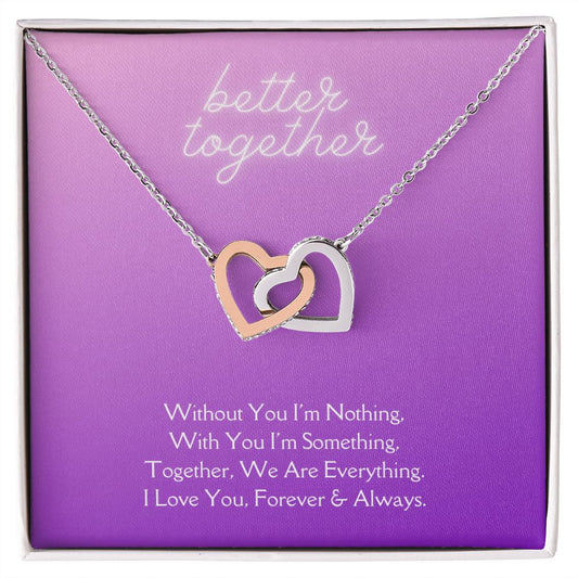 Better Together Locked in Love Hearts Necklace Available in Steel & Rose Gold or 18k Yellow Gold finishes, purple card