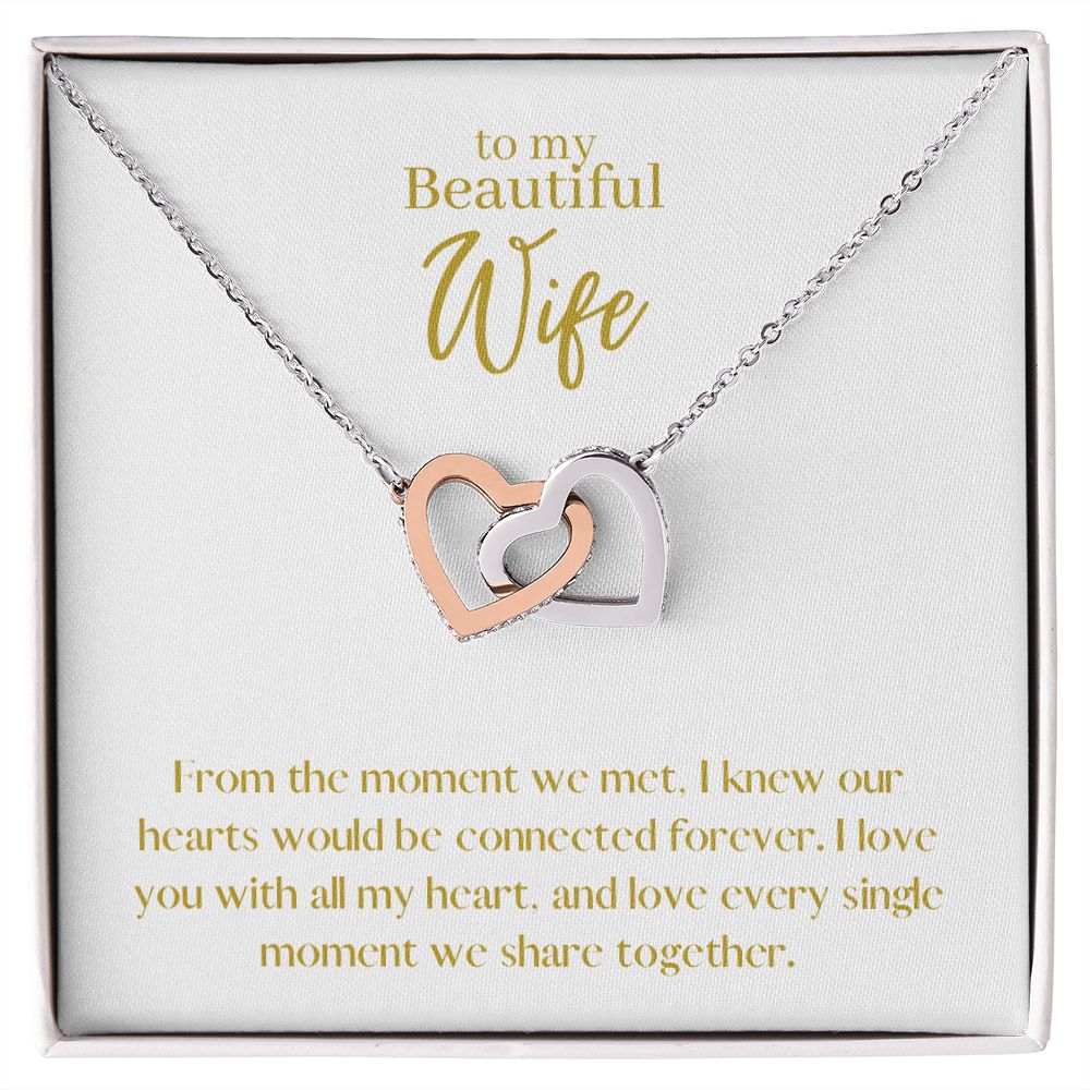 Beautiful Wife Locked in Love Hearts Necklace Available in Steel & Rose Gold or 18k Yellow Gold finishes, white card
