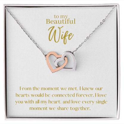 Beautiful Wife Locked in Love Hearts Necklace Available in Steel & Rose Gold or 18k Yellow Gold finishes, white card