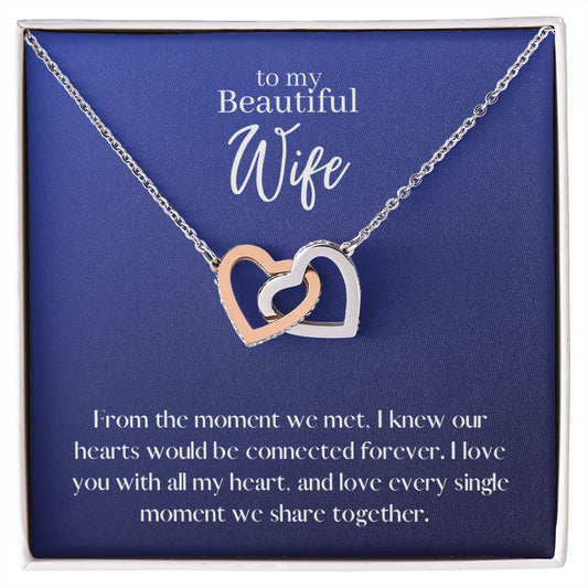 Beautiful Wife Locked in Love Hearts Necklace Available in Steel & Rose Gold or 18k Yellow Gold finishes, blue card