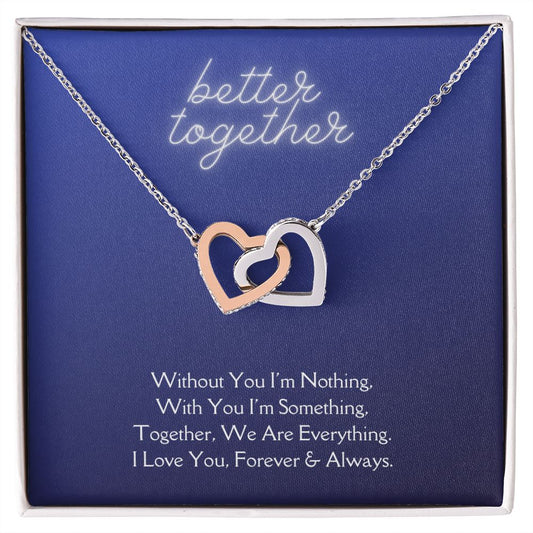 Better Together Locked in Love Hearts Necklace Available in Steel & Rose Gold or 18k Yellow Gold finishes, blue card