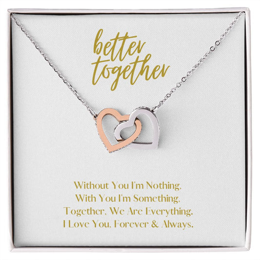 Better Together Locked in Love Hearts Necklace Available in Steel & Rose Gold or 18k Yellow Gold finishes, white card