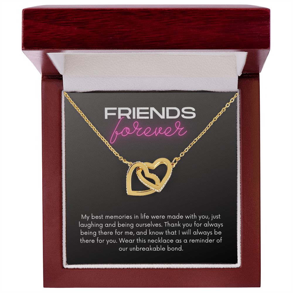Friends Forever Interlocking Hearts Necklace Available in Yellow & White Gold (black message card)