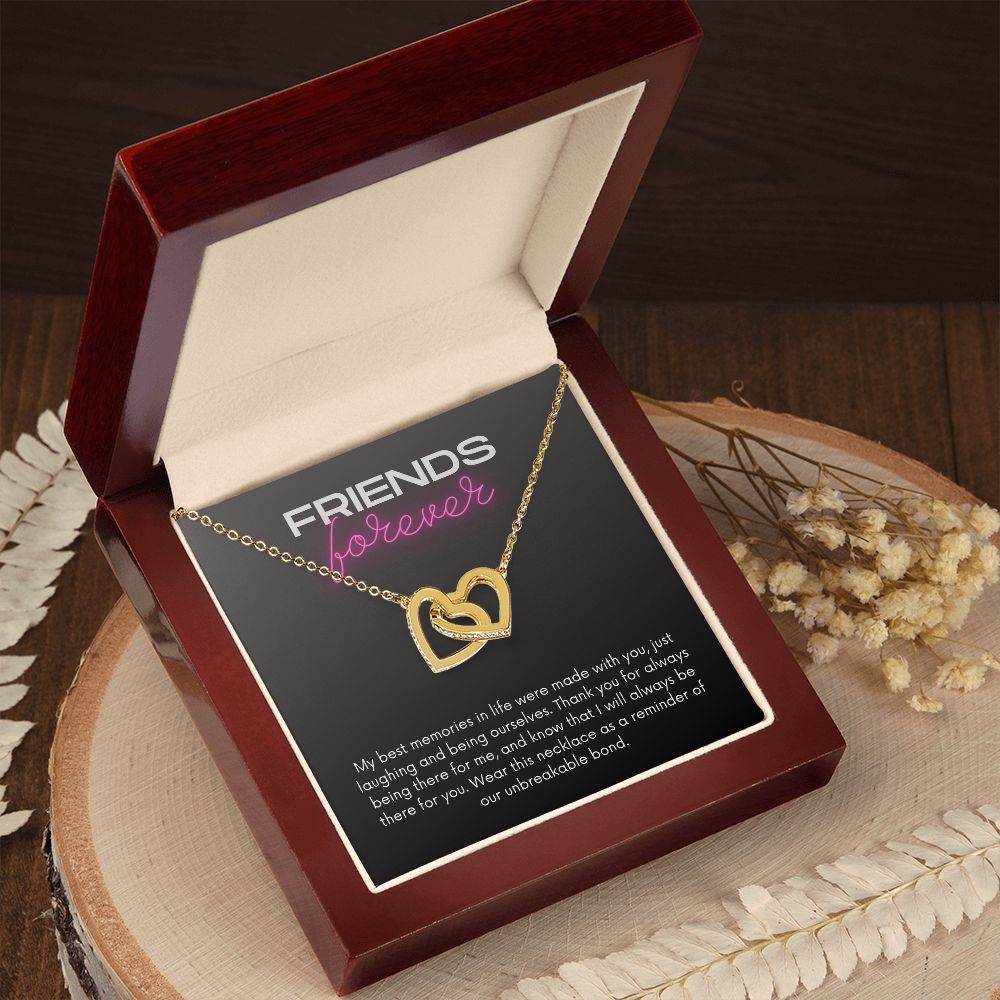 Friends Forever Interlocking Hearts Necklace Available in Yellow & White Gold (black message card)