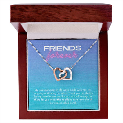 Friends Forever Interlocking Hearts Necklace Available in Yellow & White Gold (blue message card)