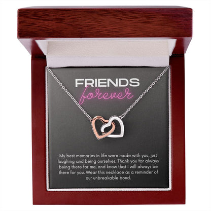 Friends Forever Interlocking Hearts Necklace Available in Yellow & White Gold (black message card)