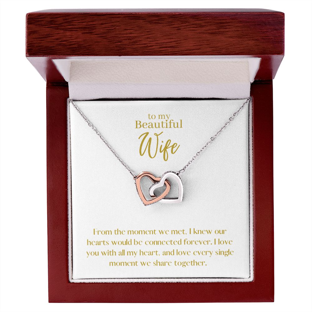 Beautiful Wife Locked in Love Hearts Necklace Available in Steel & Rose Gold or 18k Yellow Gold finishes, white card
